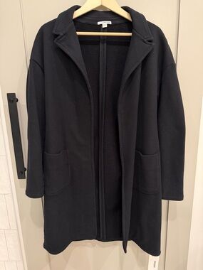 James Perse Cotton Black Open Front Long Coat with Patch Pockets